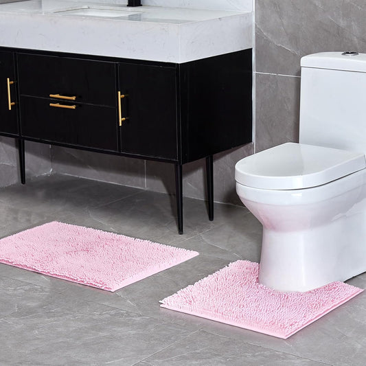 Pink Chenille Bathroom Rugs Set 2 Piece - Non Slip Absorbent Bath Mat for Shower, Quick Dry Machine Washable Floor Mats, Soft Plush, 20"x32"+U Shape 20"x20" Inch