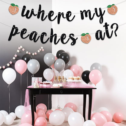 Where My Peaches at Banner, Peach Bridal Shower Cake Decor, Bride to Be, Summer Fruit Peach Theme Bachelorette Wedding Engagement Party Decorations Supplies Black Glitter