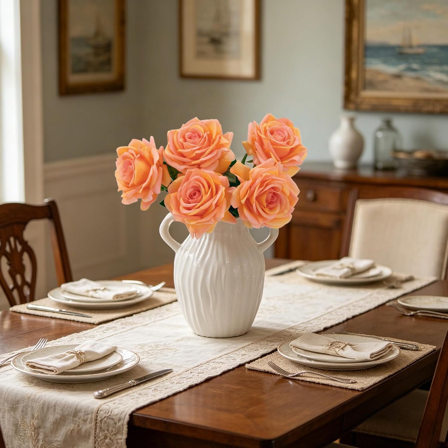 5 Pcs Real Touch Roses Flowers, 4.3'' Large Bloom Peach Orange Fake Silk Roses with Long Stem, Real Feel Faux Rose for Wedding Bridal Arrangements, Home Centerpieces Decor,Gifts DIY