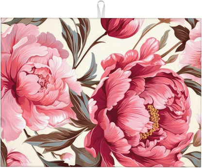Pink Peony Dish Drying Mats for Kitchen Counter, Absorbent Reversible Microfiber Dish Drying Pad, Multi-Use Large Drying Mat Coffee Bar Accessories 18"x24"