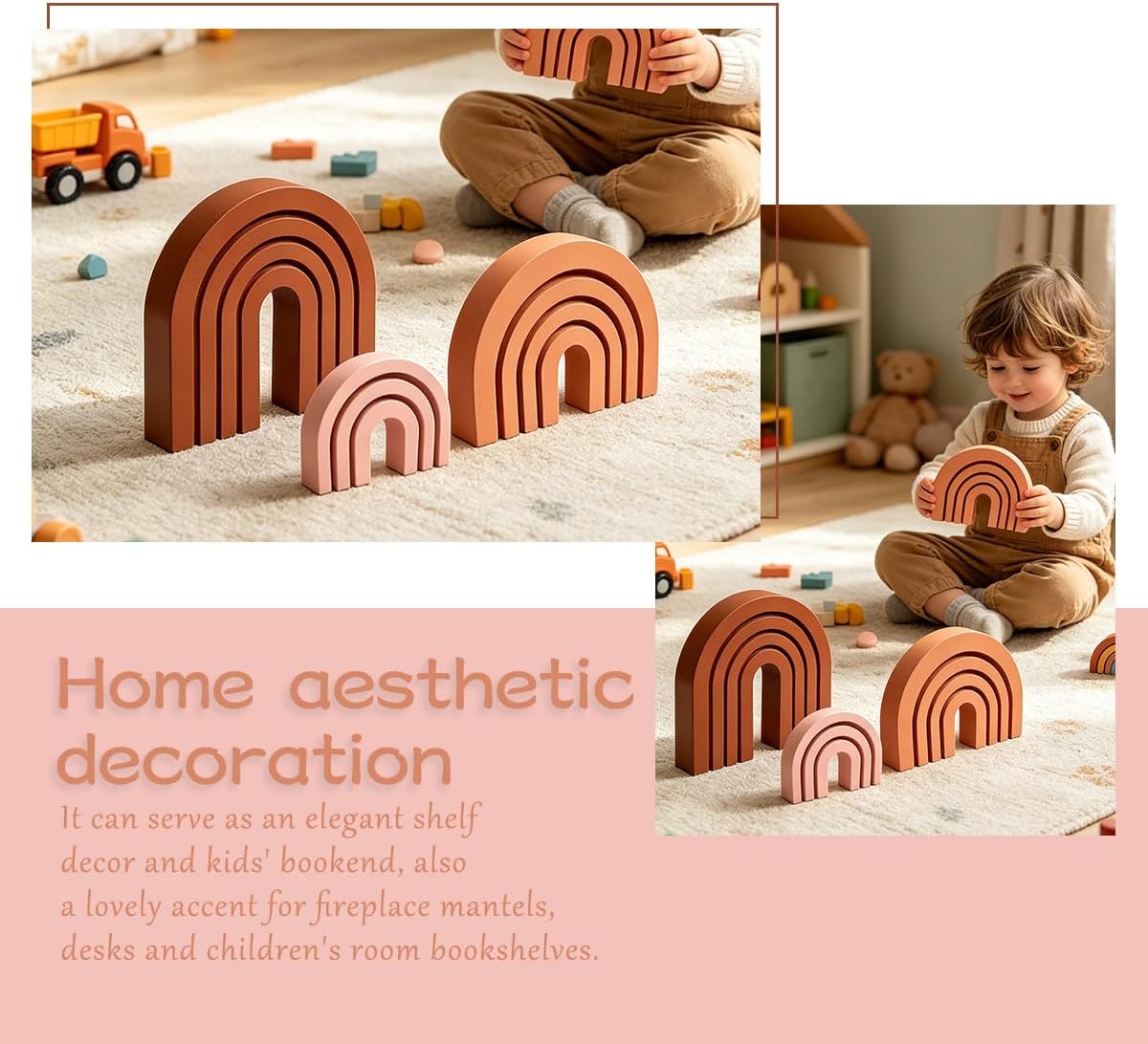 Set of 3 Pink Boho Shelf Decor Wood Arch, Modern Wooden Rainbow Arch Shelf Table Mantel Bookends for Living Room Office Nursery Aesthetic Home Decor