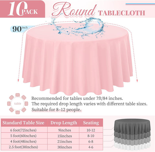 Pesonlook 10 Pack Pink Round Tablecloth 90 Inch, Waterproof Polyester Fabric Table Cloth for Round Tables, Stain Wrinkle Resistant Tablecloths Washable Table Cover for Wedding Dining Party Banquet