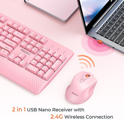 MEETION Wireless Keyboard and Mouse, Full-Sized Cordless Keyboard with Wrist Rest, 3 DPI Adjustable Mouse, Keyboard and Mouse Set with 2.4GHz USB Receiver, for PC/Computer/Laptop/Windows/Mac, Pink