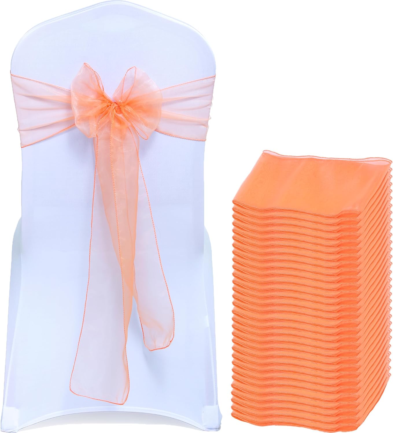 MDS® Pack of 50 Organza Chair Sashes for Wedding Decoration, Reusable Sheer Chair Bows for Banquet Chair Cover, Reception, Bridal Shower, Baby Shower, Birthday Party & Special Events - Peach