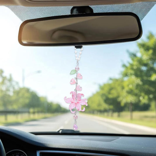 Lily of The Valley Leaf Car Charm - Pink Waterlily Crystal Drop Floral Sun Catcher for Rear View Mirror Decor, Resin Flower Beads Cars Interior Hanging Accessory for Women Men