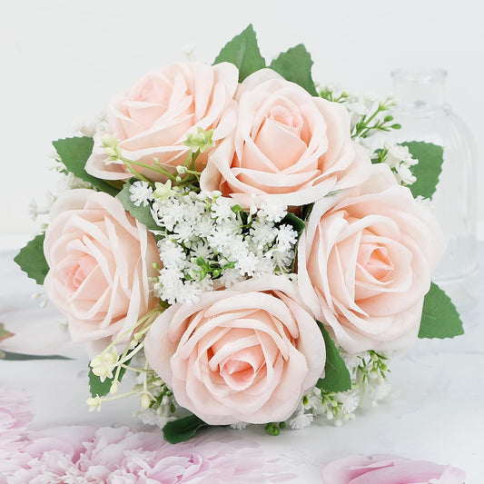 Set of 4 Wedding Bridesmaid Bouquet -7 Inch Artificial Rose & Babys Breath Bouquets for Bridesmaid, Pre-Made Wedding Silk Flowers Bouquet, Small Bridesmaids Bouquet Sets -Peach Pink