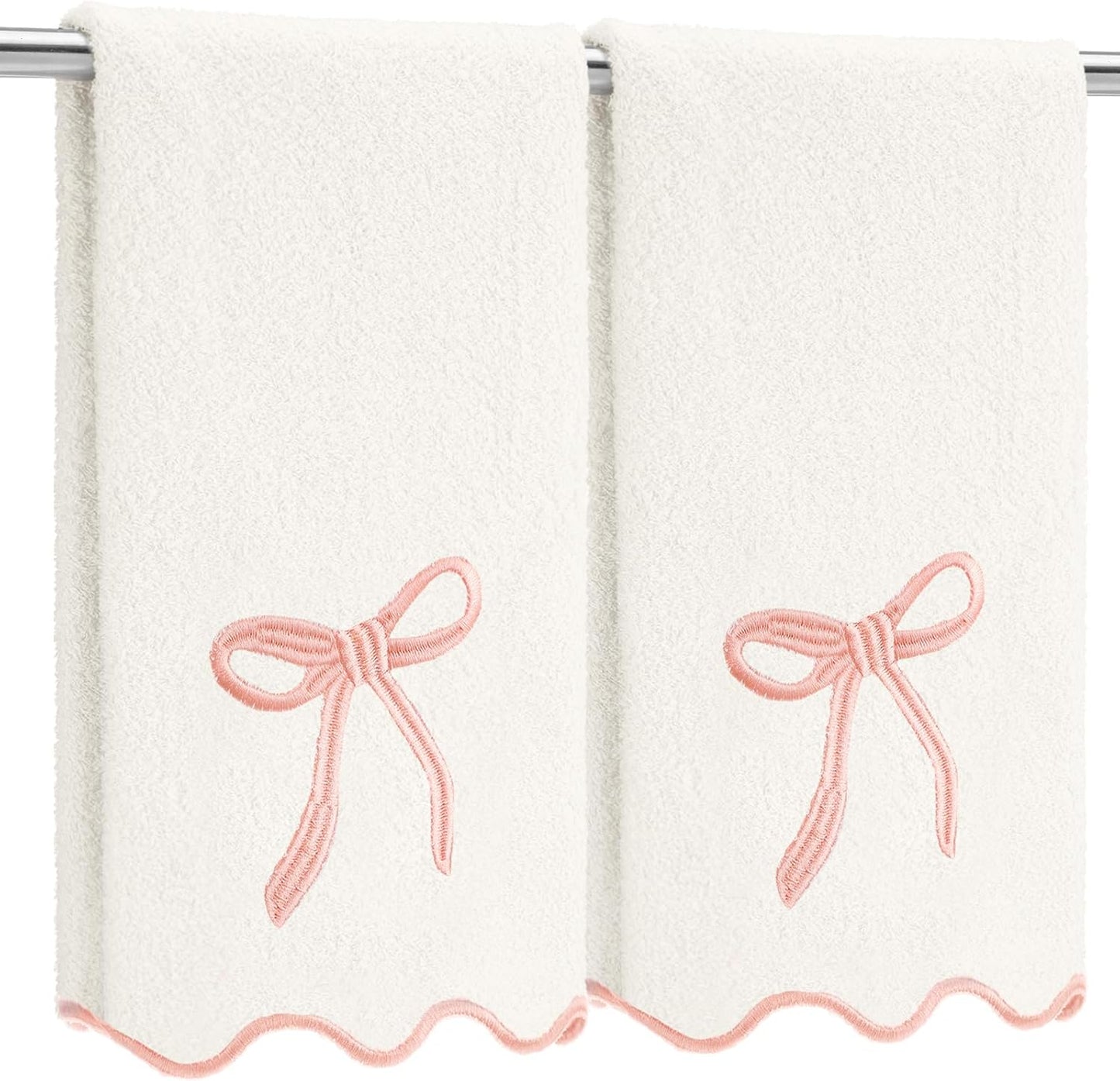 Fanfanwin 2 Pcs White Pink Bow Scalloped Hand Towels for Bathroom 26 x 13 Inch Soft Embroidery Cute Coquette Bath Towels Fingertip 100% Cotton Absorbent Boho Bath Decor for Kitchen Bathroom