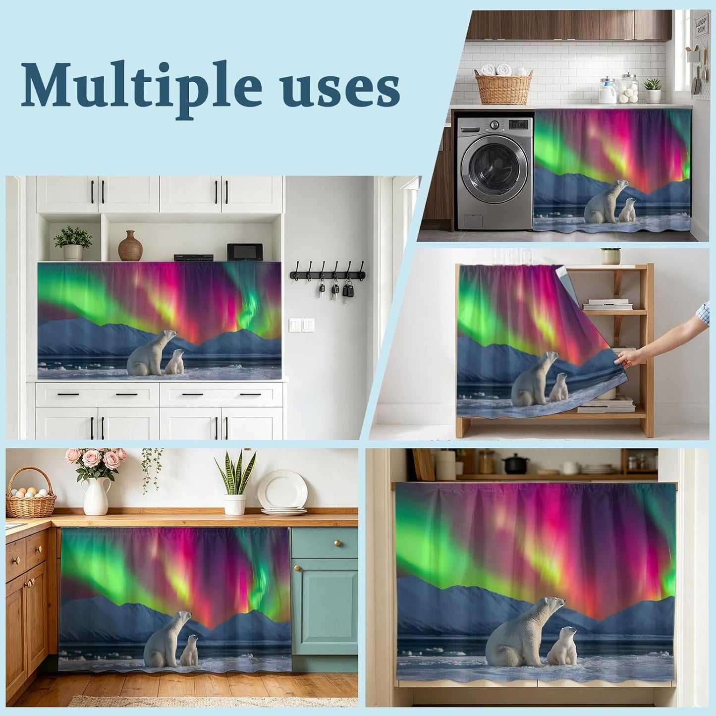Bear Small Sink Skirt, Bathroom Vanity Cabinet Adhesive Curtain, Nature Pink Yellow Lights Night Sky Snowy Animals Utility Under Sink Cover Decorative Kitchen Cabinet Curtains 10"x11"
