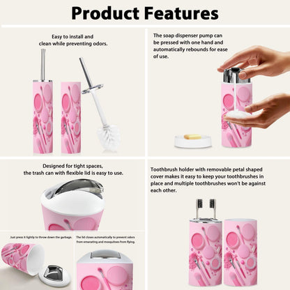 Bathroom Accessory Set 6PCS Pink Makeup Collection Brushes Powders Lipstick Trash Can, Soap Dispenser, Toothbrush Holder, Toothbrush Cup, Toilet Brush Holder, Soap Dish for Gifts