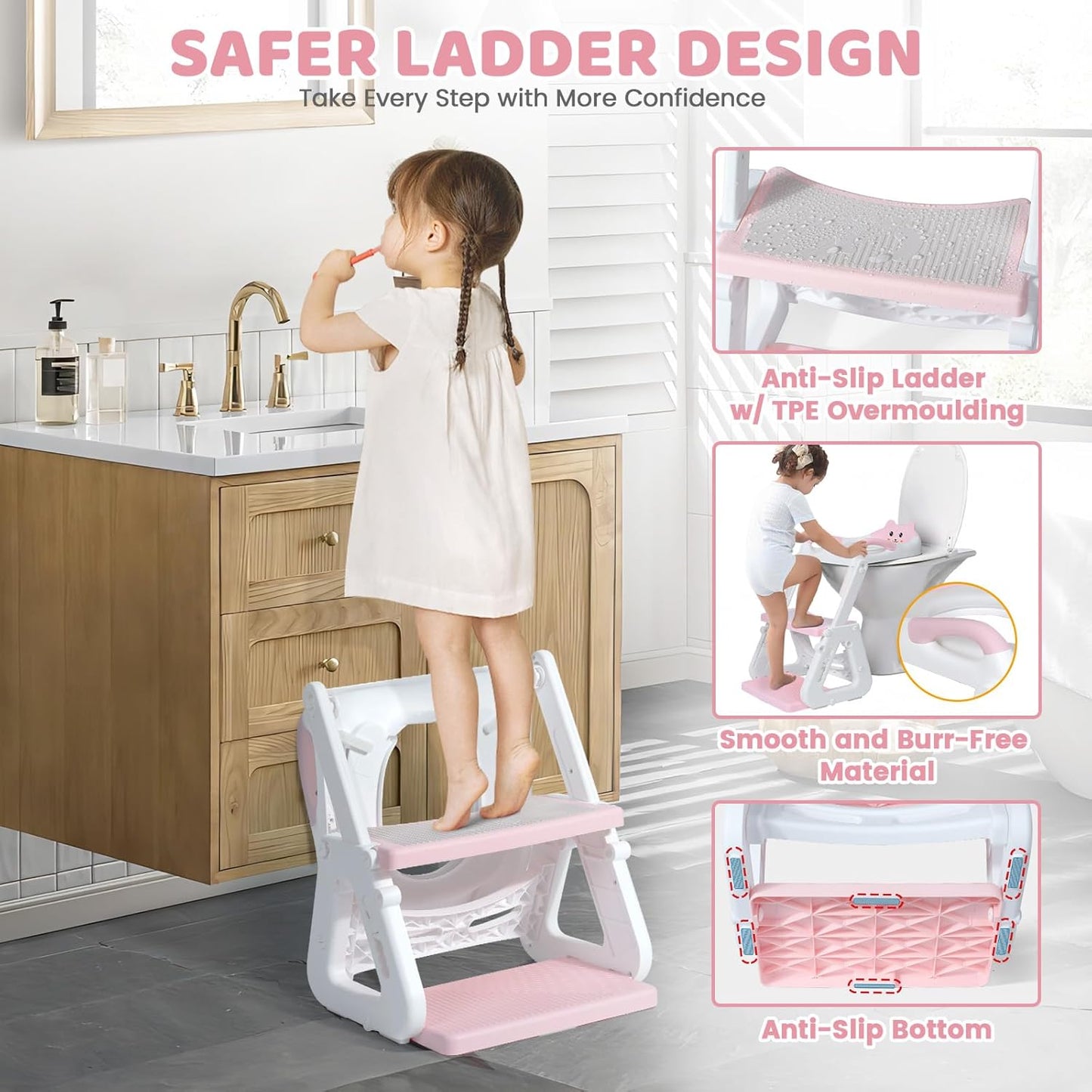 Orzbow Potty Training Seat with Step Stool Ladder for Toddlers, 7 Height Adjustable 2-in-1 Potty Training Toilet for Boys Girls, Splash Guard, Non-Slip, Stable Triangular Fits Most Toilets, Pink