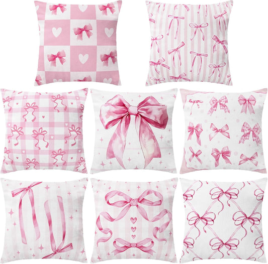 SmoothNovelty 8 Pcs 18x18 Inch Pink Bow Pillow Covers Coquette Pillows Pink Coquette Room Decor Bow Pillowcase Set Watercolor Aesthetic Preppy Room Decoration Bedroom Sofa Decor