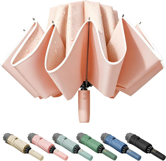 Fogkey Large Windproof Travel Umbrella - Reverse Auto Folding Car Umbrella for Rain and Sun, Compact Inverted Design with Waterproof Canopy, 10 Durable Ribs, Fits Backpack, Portable for Women & Men
