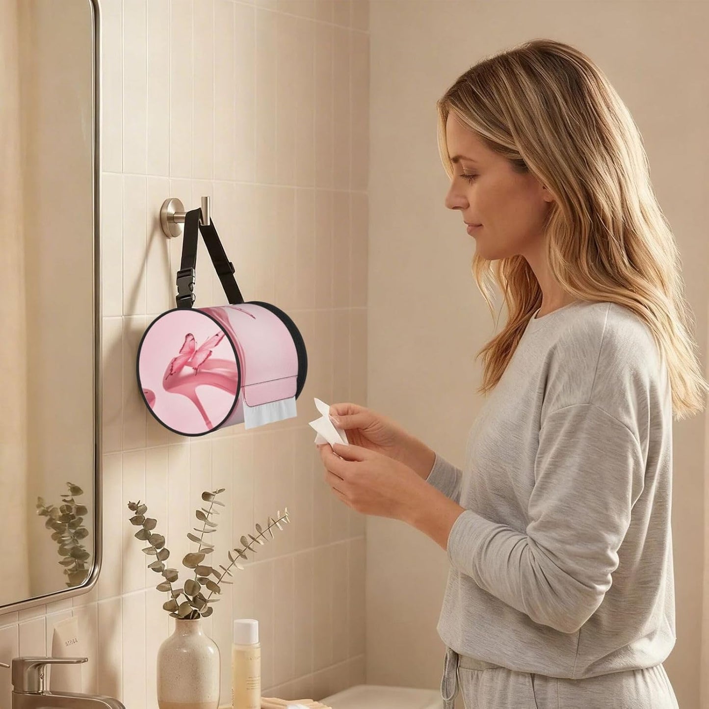 Oxford Cylinder Tissue Holder, Round Tissue Container Pink High Heels Shoes Butterfly - 6.3''X6.3'' Portable Toilet Paper Roll Cover Tissue Box for Home Car Camping Office Travel