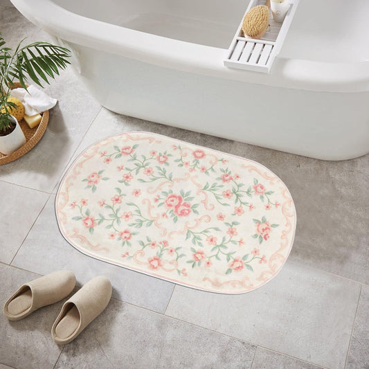 BBSET Pink Floral Chinoiserie Bath Mats for Bathroom, Pink and White Flower Bow Vintage Rug for Bathroom Decor 31x20 Inch (Pink Flower, 31x20inch)
