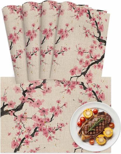 Spring Flowers Placemats Set of 4, Washable PVC Kitchen Table Mats Place Mats, Country Pink Peach Blossoms Botanical Floral Woven Vinyl Placemat for Dining Table, 13" x 19"