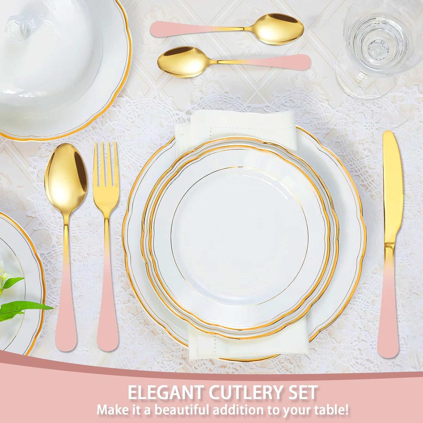 24 Pieces Flatware Set, Stainless Steel Cutlery Set with Silverware Holder, Modern Gold Silverware Set Includes Dinner Knives Forks Spoons,Hanging Silverware Set Service for 6 (Pink)