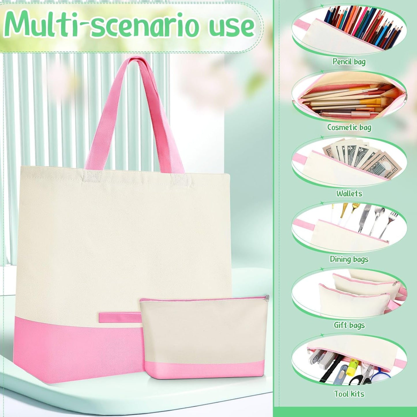 Sanwuta 30 Pcs Canvas Tote Bags Bulk with Zipper Cosmetic Pouch 18.5" Reusable Cotton Shopping Bag with Handle for DIY Craft (Light Pink)