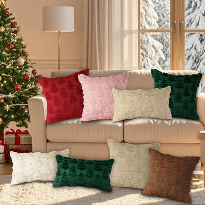 Lanpn Christmas 18x18 Throw Pillow Covers Set of 2, Winter Christmas Tree Throw Pillow Cases Soft Plush Faux Fur Wool 18 x 18 Winter Cushion Cover for Indoor Home Bedroom Couch Sofa Decor (Pink)