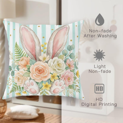 Bunny Throw Pillow Covers Set of 4, Spring Festive Flowers Easter Eggs Easter Pastel Peach Soft Velvet Washable Pattern Pillow Covers for Living Room Bed Office Sofa Chair Decor 16x16 Inch