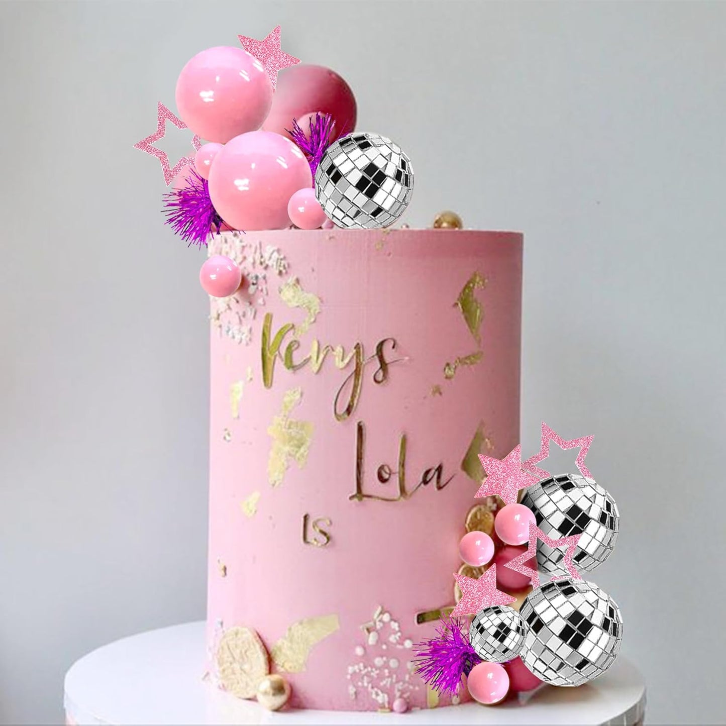 Pink Disco Ball Cake Topper Mirror Balls Cake Decorations with Pink Stars Cake Topper for 70s 80s Disco Dance Saturday Night Fever Birthday Supplies