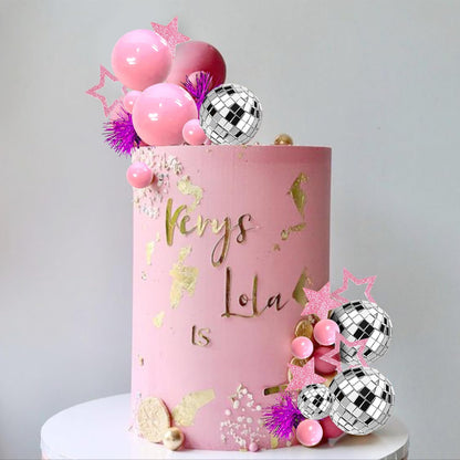 Pink Disco Ball Cake Topper Mirror Balls Cake Decorations with Pink Stars Cake Topper for 70s 80s Disco Dance Saturday Night Fever Birthday Supplies