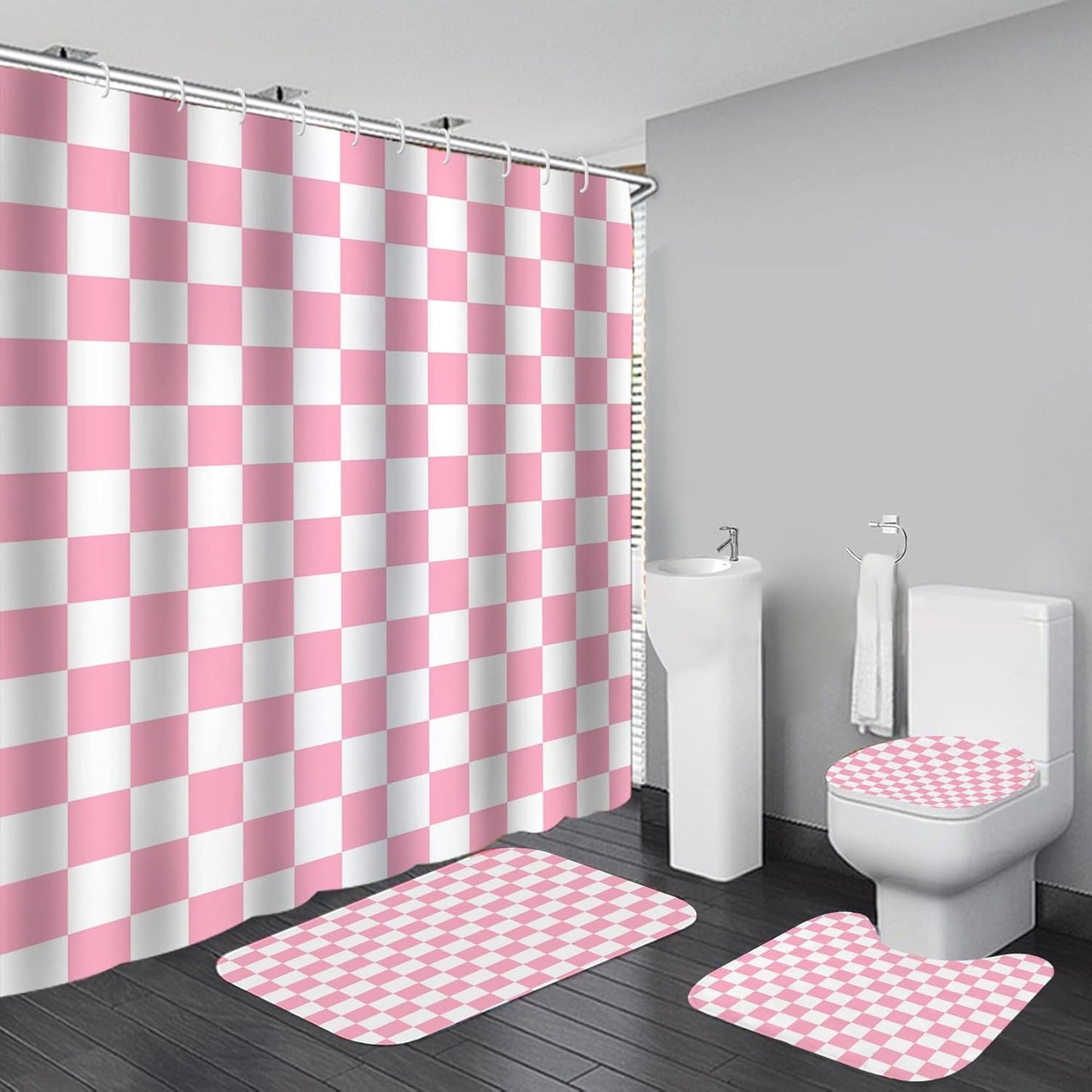 4 PCS Checkered Shower Curtain Sets Fun Gingham Bathroom Sets Soft Non Slip Bath Rugs Toilet Cover U-Shaped Mat Retro Bright Waterproof Shower Curtains with 12 Hooks for Tub Toilet, Pink