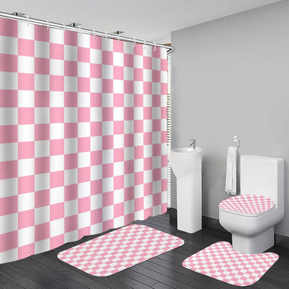 4 PCS Checkered Shower Curtain Sets Fun Gingham Bathroom Sets Soft Non Slip Bath Rugs Toilet Cover U-Shaped Mat Retro Bright Waterproof Shower Curtains with 12 Hooks for Tub Toilet, Pink