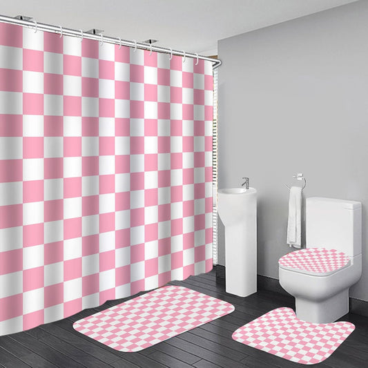 4 PCS Checkered Shower Curtain Sets Fun Gingham Bathroom Sets Soft Non Slip Bath Rugs Toilet Cover U-Shaped Mat Retro Bright Waterproof Shower Curtains with 12 Hooks for Tub Toilet, Pink
