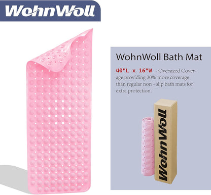 Non-Slip Bath Tub Mat, Extra Large 40x16 Inch Shower Mat with Suction Cups & Drain Holes, Quick Dry Soft Mat for Bathroom Floor Safety, Massage Style, Pink