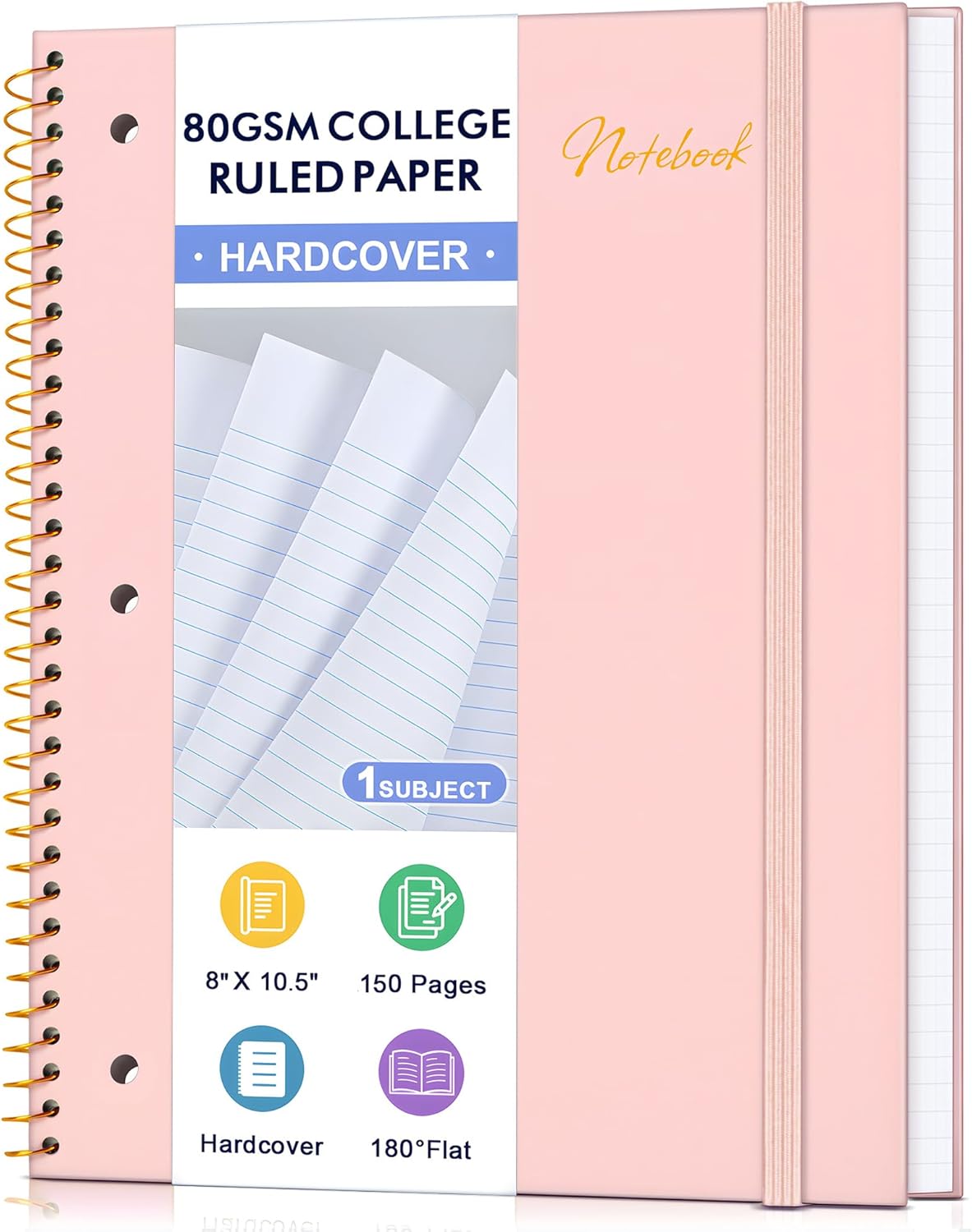 Spiral Notebook College Ruled Paper 8" x 10-1/2", 1 Subject Spiral Notebook 80GSM Paper, 3-Hole Punched Perforated Pages Ideal for School, Office, Writing, 75 Sheets Lined Journaling Notebook, Pink