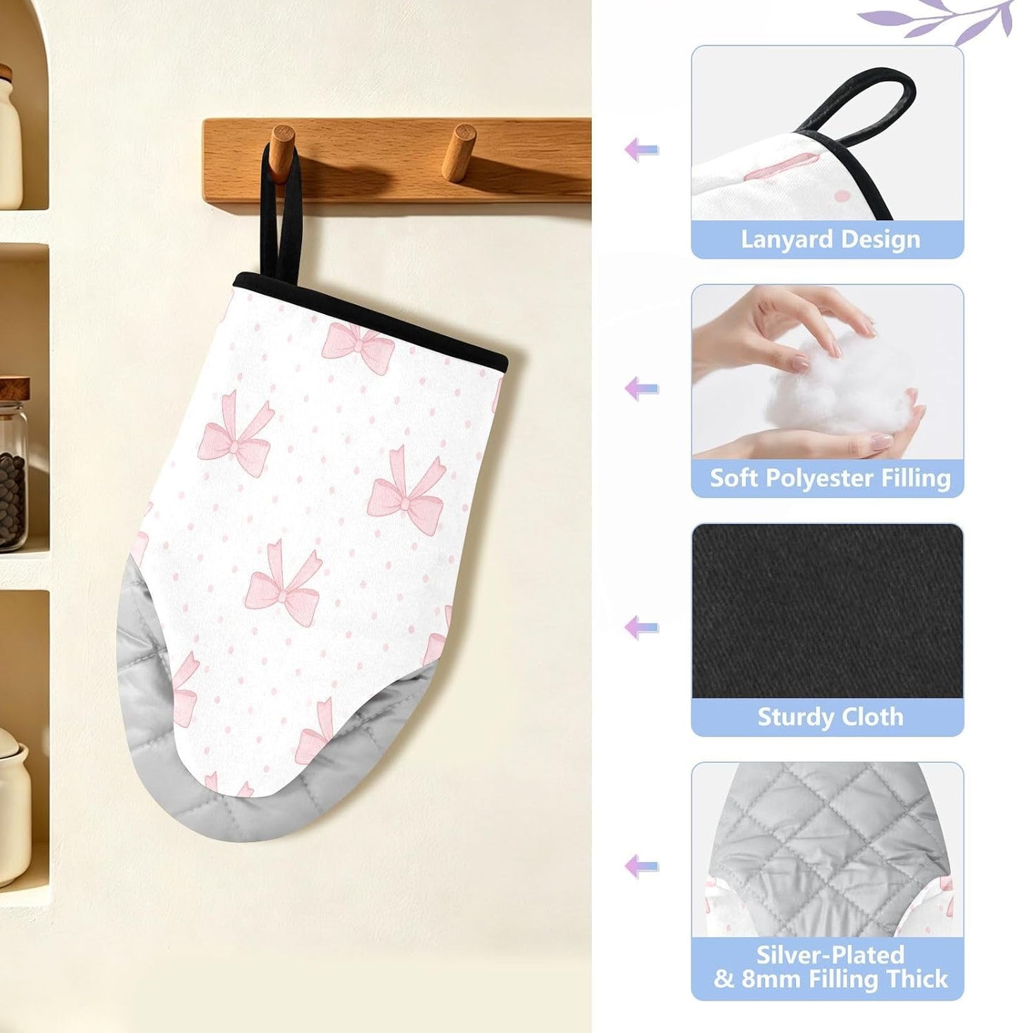 Pink Bows Polka Dots Non-Slip Oven Mitts Set Heat Resistant Kitchen Gloves with Quilted Liner Cotton Machine Washable with Hanging Loop for Baking Grilling BBQ