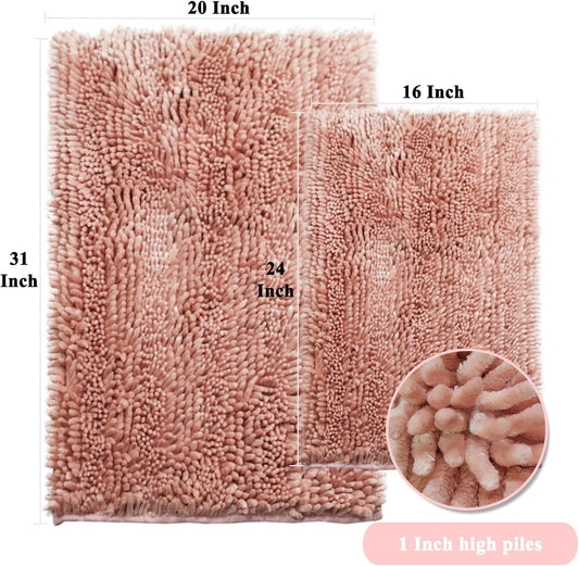 RULLENY Bathroom Rugs Set 2 Pieces Pink, Luxury Butter Chenille Bathroom Mats Non Slip Bath Mats, Super Absorbent and Machine Washable Bath Rug Sets, 31x20 and 16x24 Inch