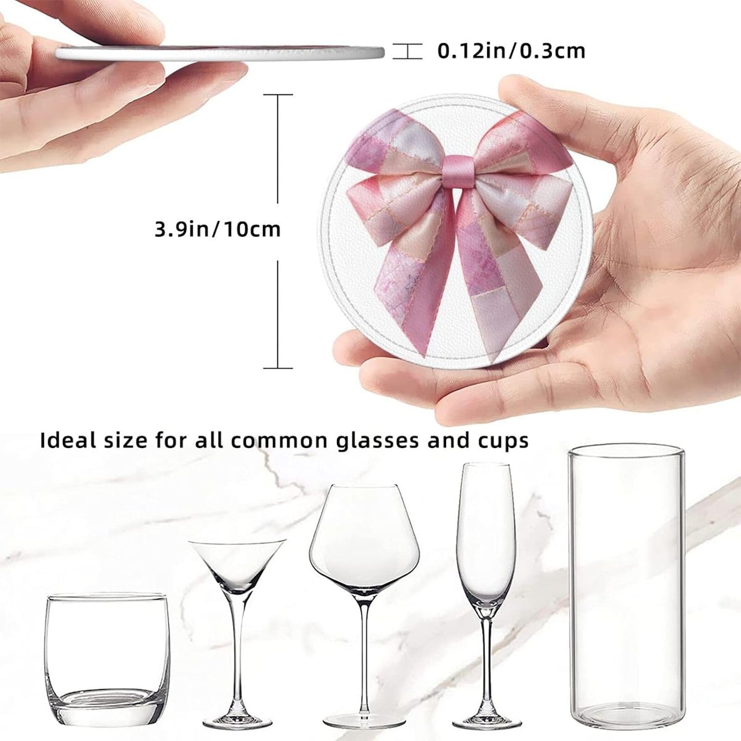 Light Pink Bow Balloon Patchwork Embroidery Premium Leather Coasters, Set of 6 with Holder, Stylish Beverage Coasters for Kitchen Coffee Bar