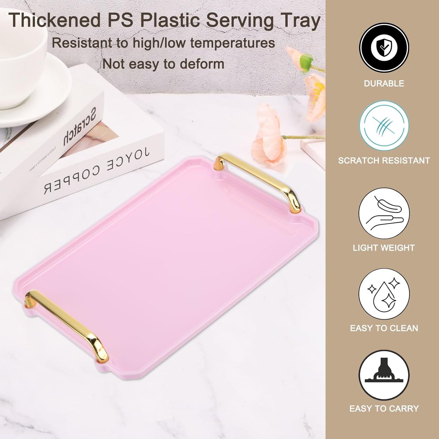 PATIKIL 12 x 8.6 Inches Plastic Serving Tray with Golden Handles, Reusable Tray Rectangular Party Platters for Dessert Coffee Tea Table, Living Room Kitchen Countertop, Pink