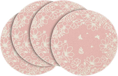 Artoid Mode Pink Florals Butterfly Round Spring Placemats Set of 4, 14 Inch Seasonal Summer Holiday Table Mats for Party Kitchen Dining Decoration