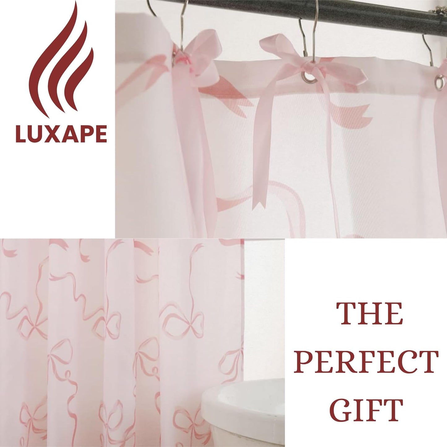 Bow Shower Curtain, Coquette Handcrafted Bow Tie Bath Curtain for Master Bathroom, Ruched Microfiber Bathroom Curtain with 12 Buttonholes, 72" W x 72" H (Coquette Pink)