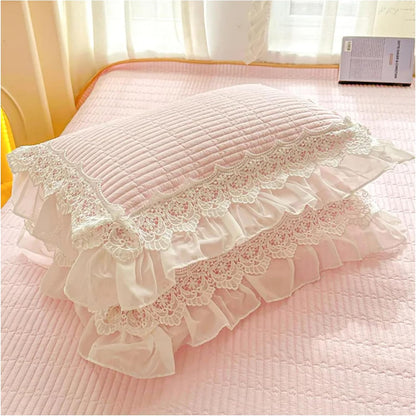 100% Cotton Ruffle Pillow Case, Pack of 2 Lace Ruffled Pillow Covers, Soft Quilted Pillowcase Decorative Pillow Shams for Bed (Pink)