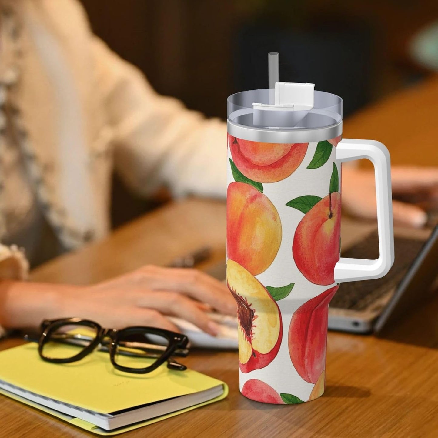 Watercolor Peach 40 Oz Tumbler With Handle And Straw Stainless Steel Insulated Travel Tumblers Leakproof Travel Coffee Mug Coffe Cup Drink Tumbler Cups Gifts For Women Men Lovers