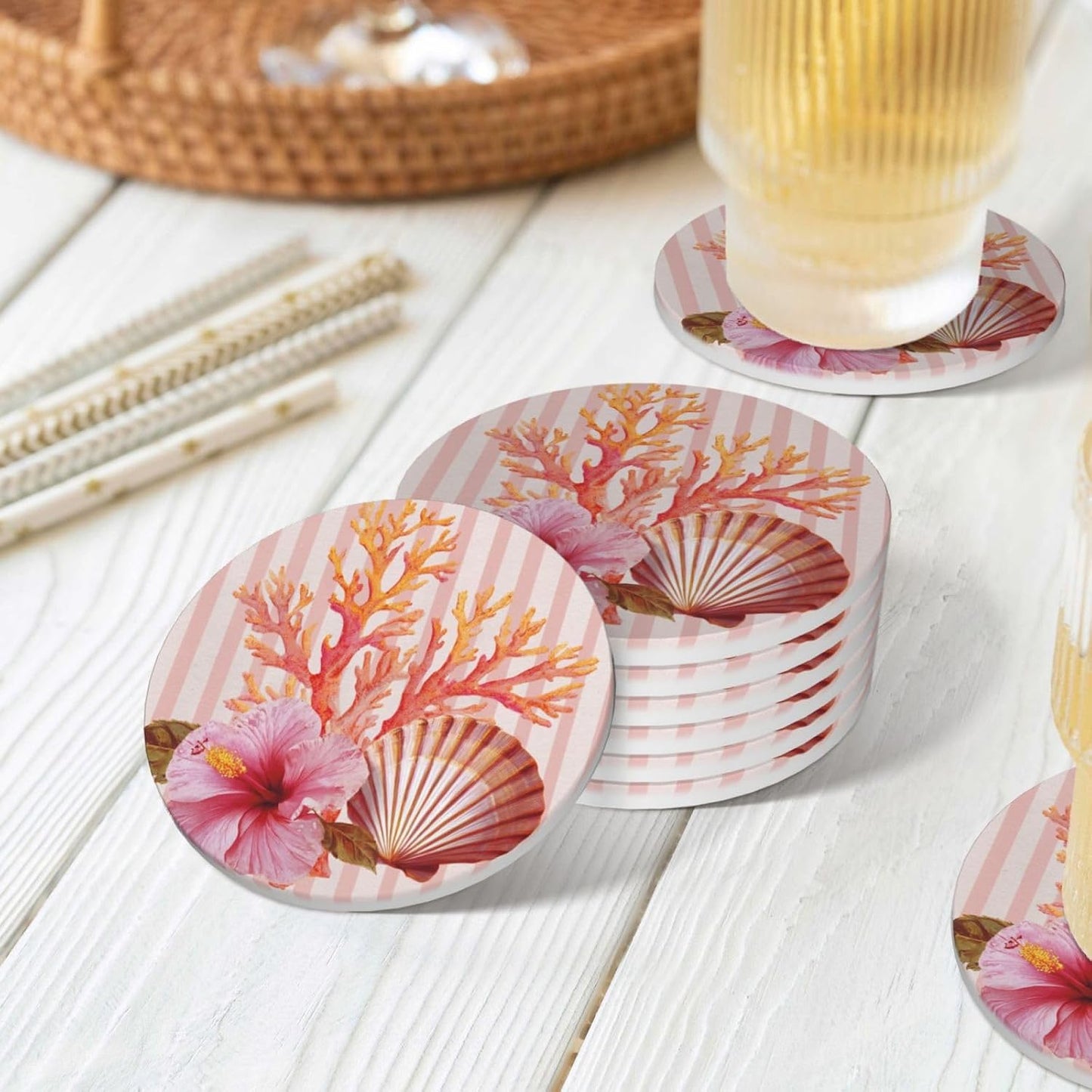 Light Pink Scallop Shell Hibiscus Flower Ceramic Coasters with Holder Set of 6 Coffee Cup Drink Coasters