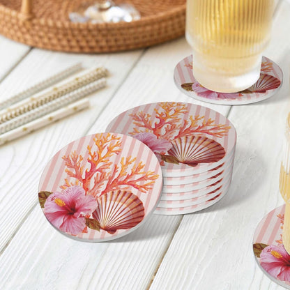 Light Pink Scallop Shell Hibiscus Flower Ceramic Coasters with Holder Set of 6 Coffee Cup Drink Coasters