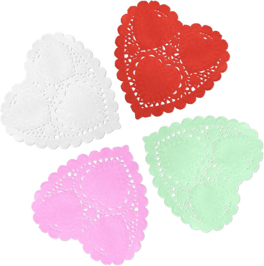 150 Pcs Valentine Heart Doilies 4Inch Heart Shape Paper Doily with 4 Colors Red Pink Light Green and White for Valentine's Mother's Day Wedding Favor Party Decorations