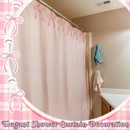 Novabright 12 Pcs Pearl Bow Shower Curtain Hooks Decorative Elegant Bowknot Shower Curtain Rings Hangers for Standard Rods Bathroom Baby Room Decoration (Pink)