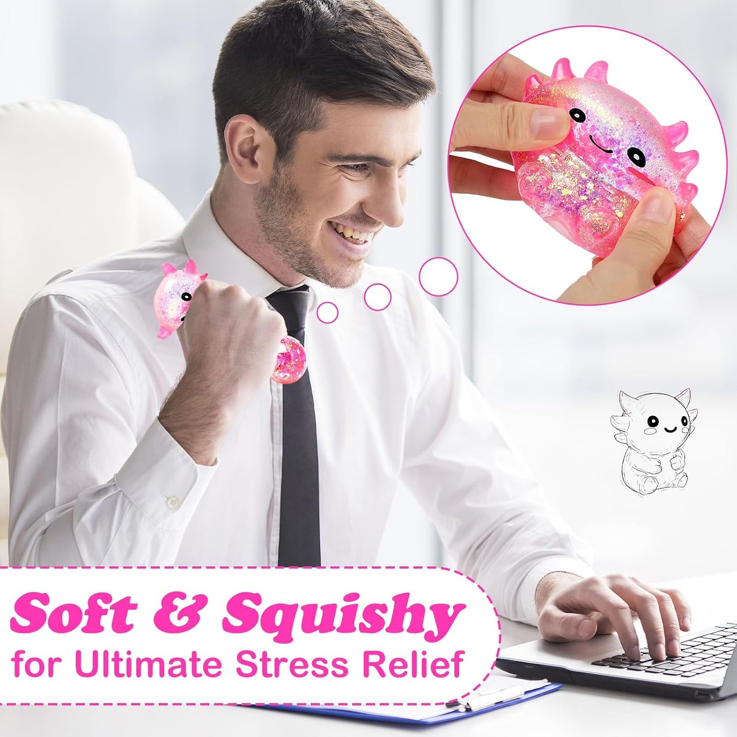 Squishy Fidget Stress Axolotl Toy, Axolotl Squishy Malt Sugar Stress Balls for Adults Kids, Cute Animal Sensory Toys, Squeeze Stretchy Axolotl Stress Toys for Party Favors (Pink)