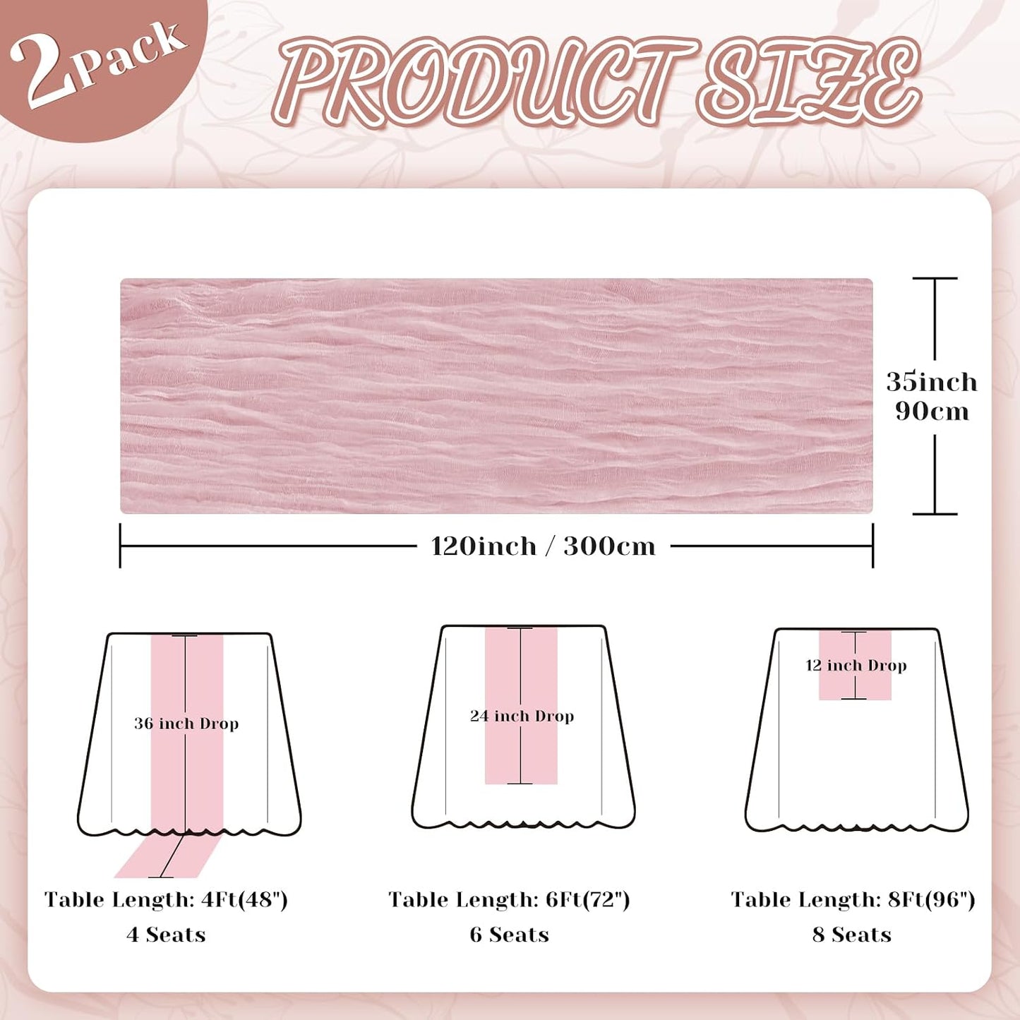 2 Pack Pink Cheesecloth Table Runner, 10Ft Boho Gauze Cheese Cloth Table Runners for Wedding, Party, Dinner, Baby Shower, 120 Inches Long Table Runner for Valentine's Day, Easter, Mother's Day Decor