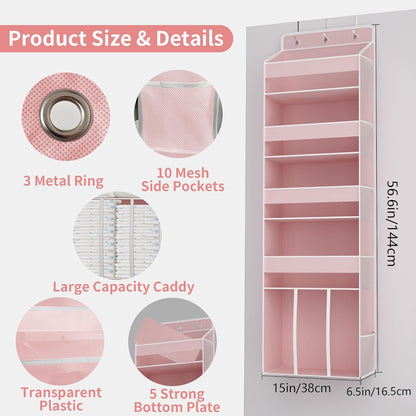TAHAVICE 1 PC Pink Over the Door Organizer with 1 Large Capacity Caddy, 4 Shelf & 10 Mesh Side Pockets, Pink Stuff Hanging Storage and Girl Essentials Closet Organizer for Cute Room, Bedroom