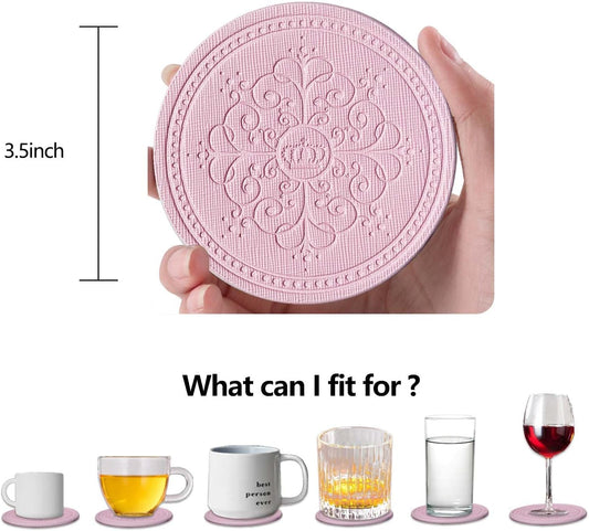 Coasters Set of 6 - PU Leather Coasters for Drinks with Holder - Pink