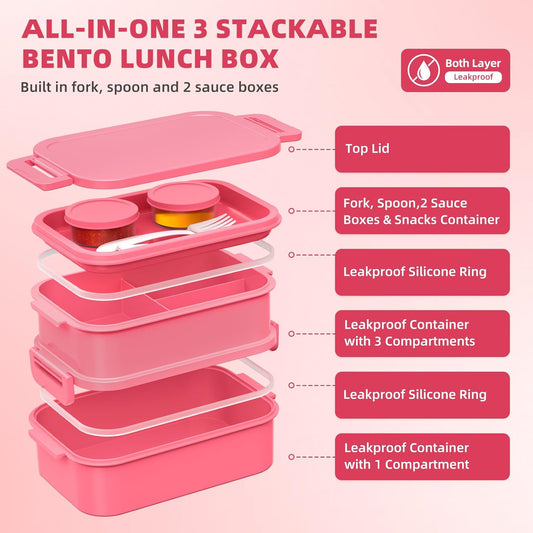 Adults Lunchbox Bento Box with Lunch Bag- 74 OZ All-in-One Stackable Lunch Box for Adults Kids Women Men Leakproof Bento Large Lunch Box Containers with Fork Spoon Sauce Box for Work School (Pink)