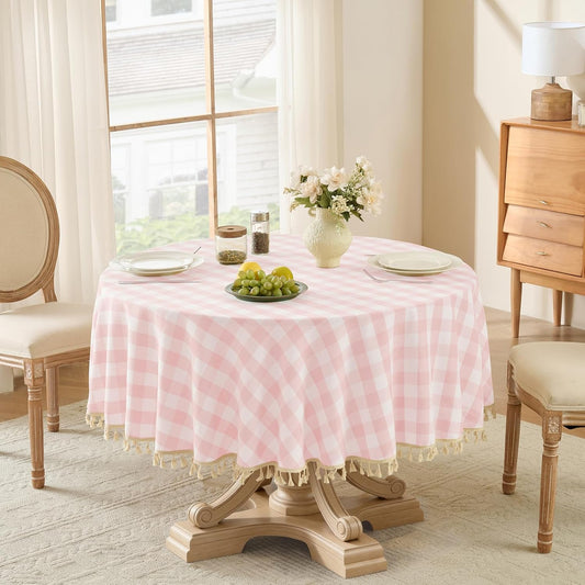 Softalker Pink Gingham Tablecloth 70 x 70 Inch Round, Outdoor Linen Cotton Checkered Table Cloth with Tassel, Heavy Duty Wrinkle Free Buffalo Plaid Table Cover for Kitchen Dining Home Party
