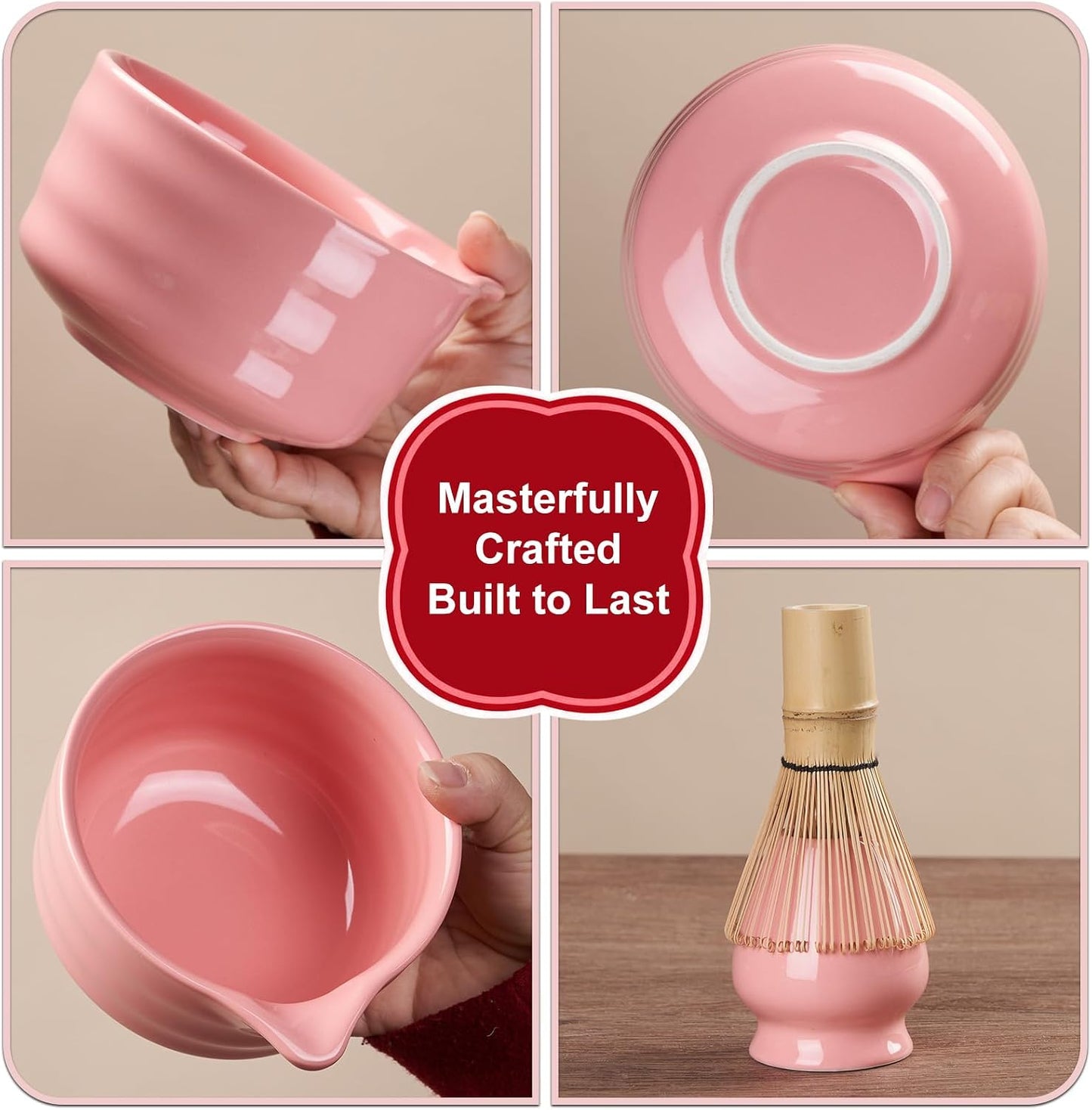 YOLIFE Matcha Whisk Set, PinK Matcha Set, Ceramic Matcha Bowl and Whisk (Chasen), Holder, Sifter, Bamboo Scoop, Spoon & Spoon Rest, 7 Pcs Matcha Kit for Matcha Tea Ceremony