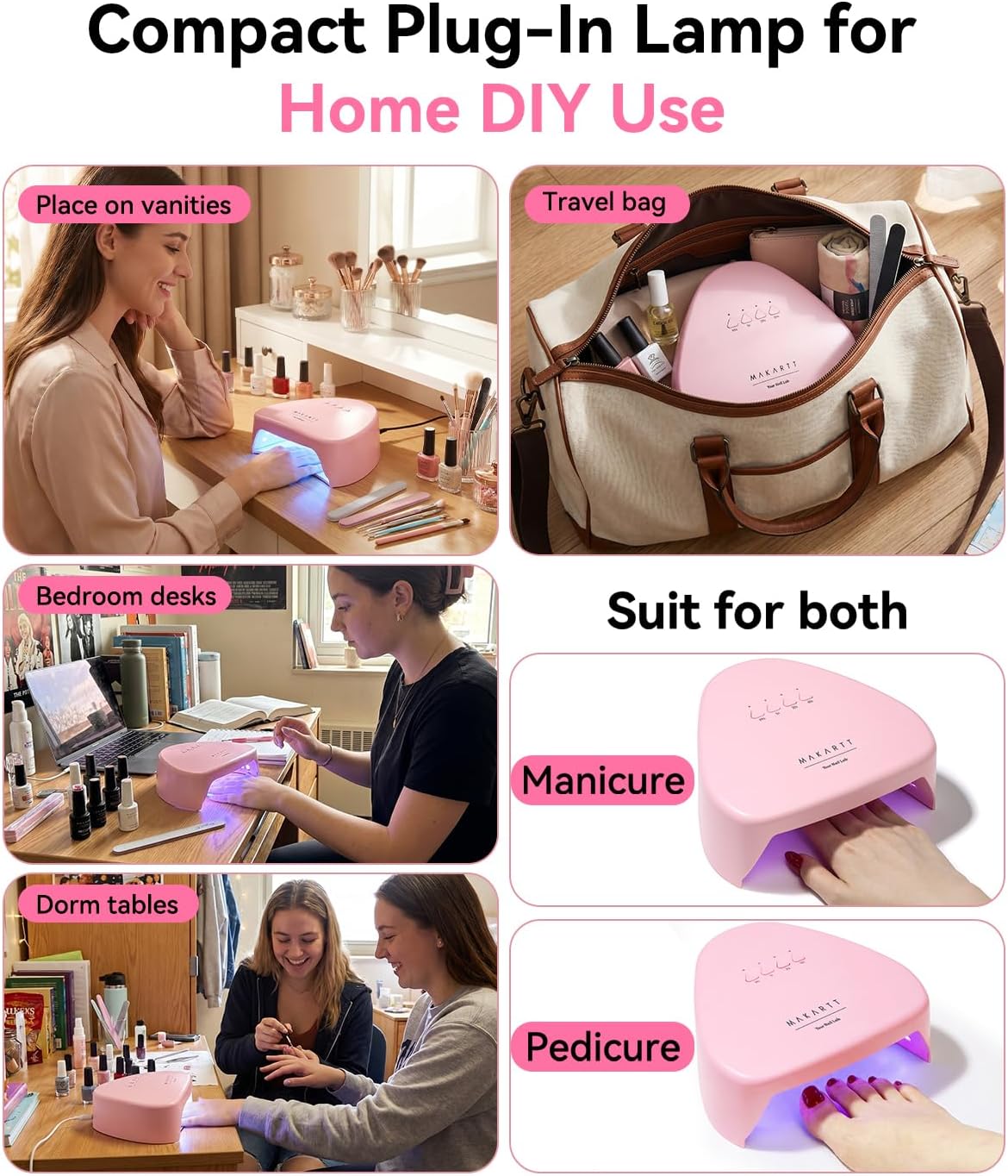 Makartt Compact Travel UV Nail Lamp for Gel Polish, Plug-in Nail Dryer with 5s Flash Cure, 99s Mode for Dark Thick Gels, Auto Sensor, 4 Timers & 18 LED Beads for Beginner Home DIY Gift (Pink)
